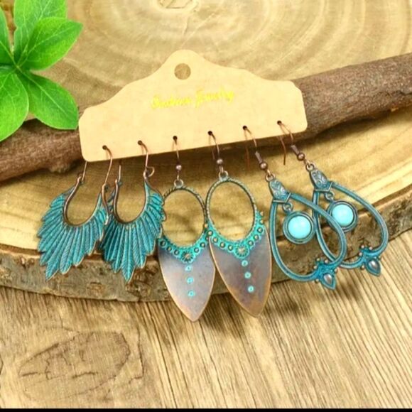 BRONZE turquoise feather earring boho jewelry bundle set - Picture 1 of 4